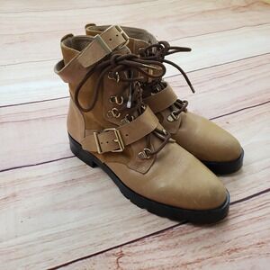 Free People Boots Womens 37 Tan Leather Suede Lace Up Buckle Ankle Combat Bootie